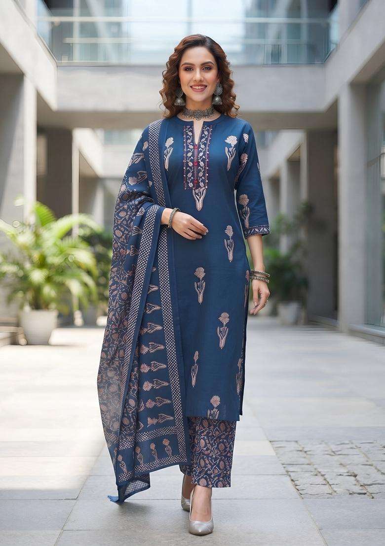 Navy Blue Printed Cotton Kurta Set - Indya
