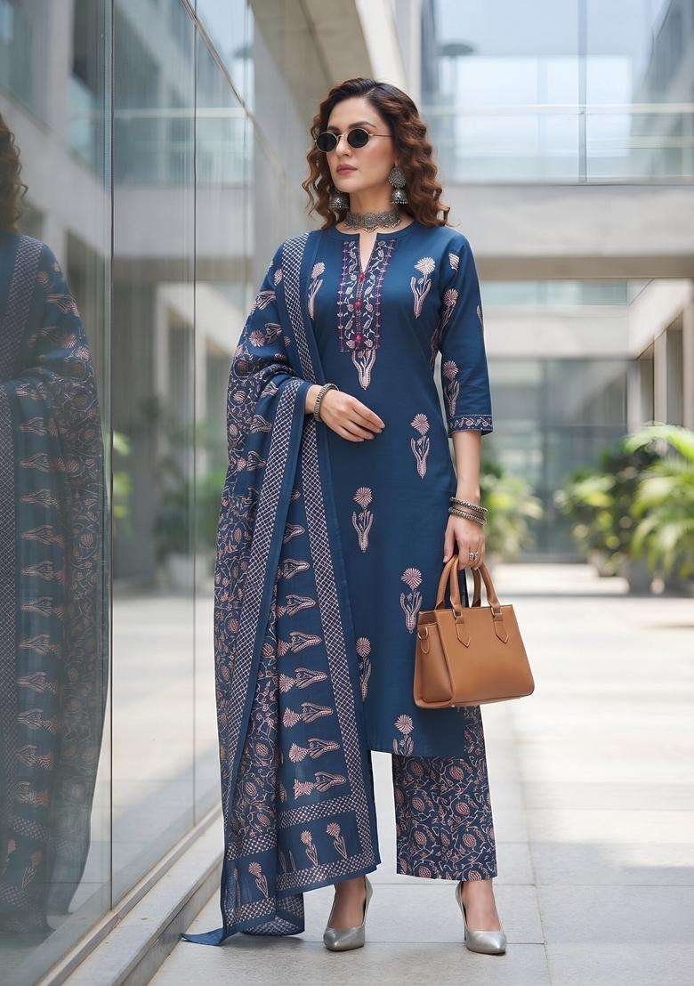 Navy Blue Printed Cotton Kurta Set - Indya
