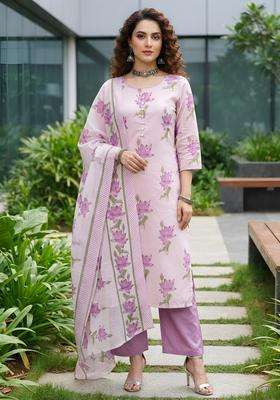 Lavender Printed Cotton Kurta Set