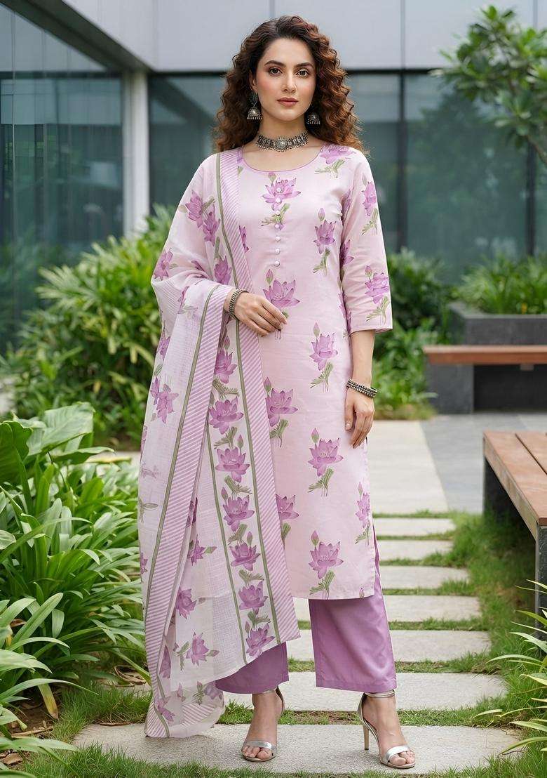 Lavender Printed Cotton Kurta Set - Indya