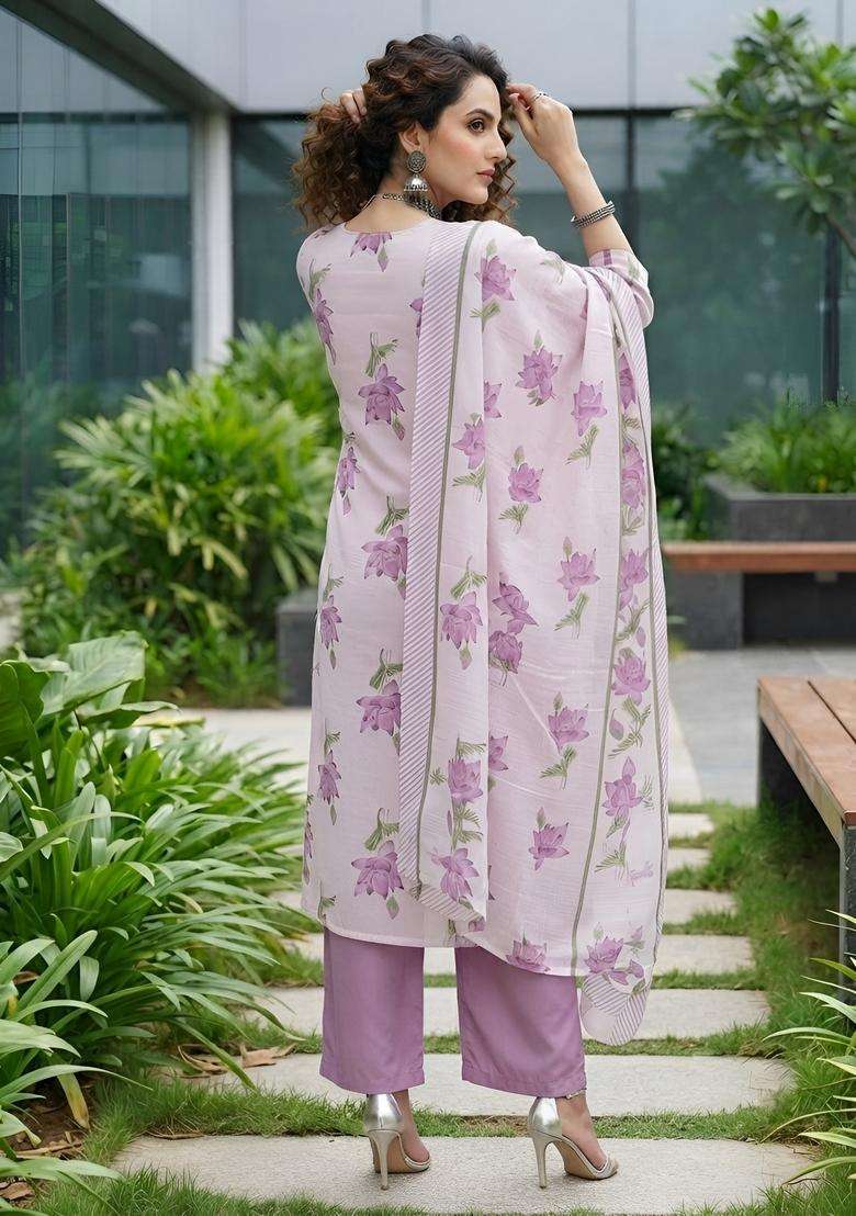Lavender Printed Cotton Kurta Set - Indya