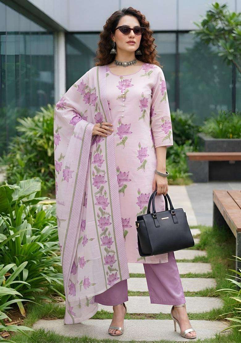Lavender Printed Cotton Kurta Set - Indya