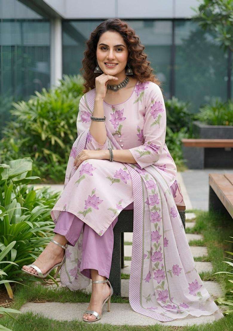 Lavender Printed Cotton Kurta Set - Indya