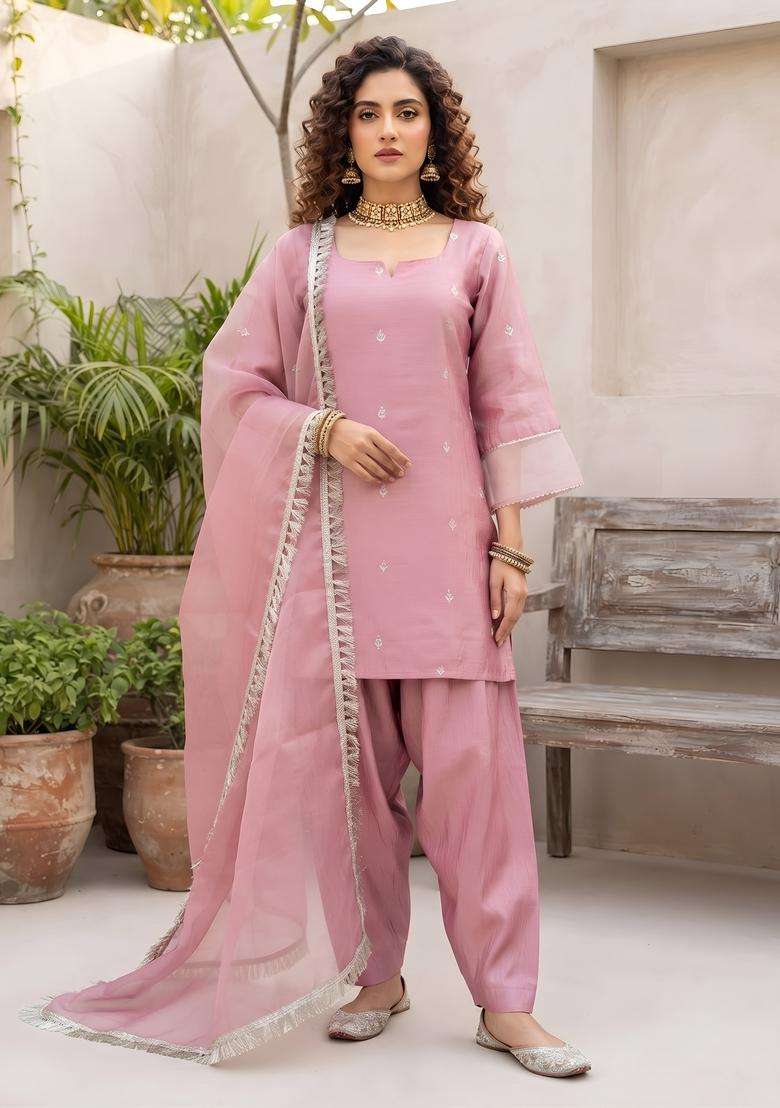 Pink Embroidery Silk Kurta Set - Indya