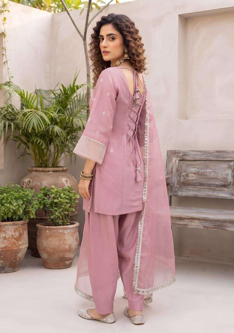 Pink Embroidery Silk Kurta Set - Indya