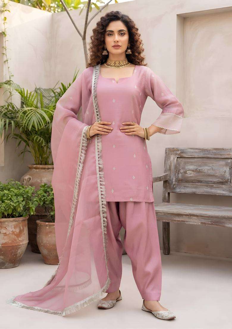 Pink Embroidery Silk Kurta Set - Indya