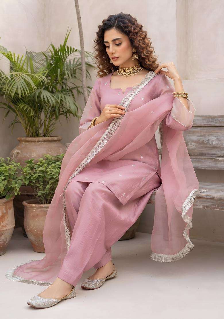 Pink Embroidery Silk Kurta Set - Indya