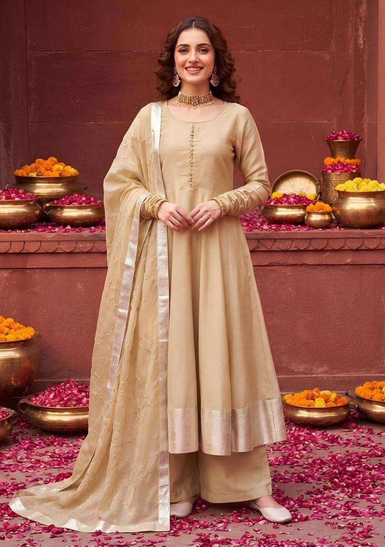 Beige Embroidery Silk Kurta Set - Indya
