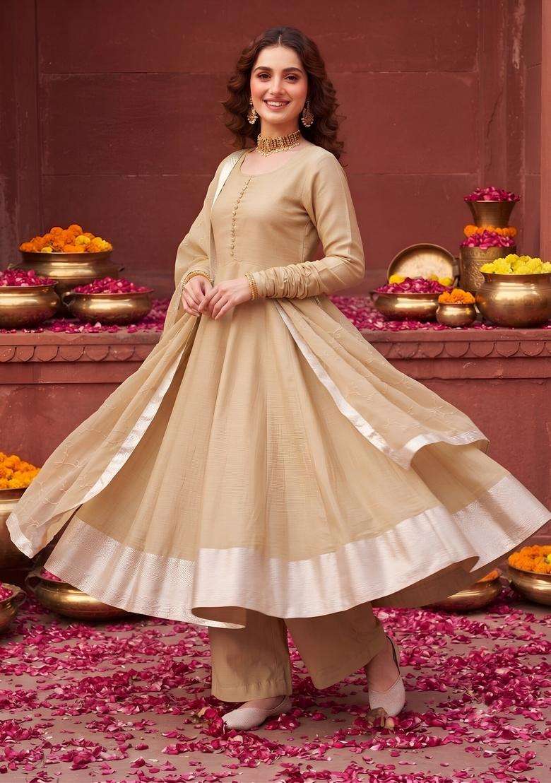 Beige Embroidery Silk Kurta Set - Indya