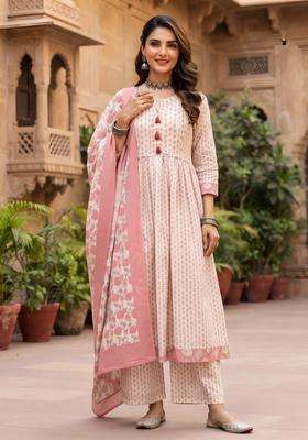 Off White Printed Silk Kurta Set