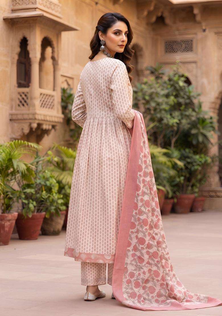 Off White Printed Silk Kurta Set - Indya