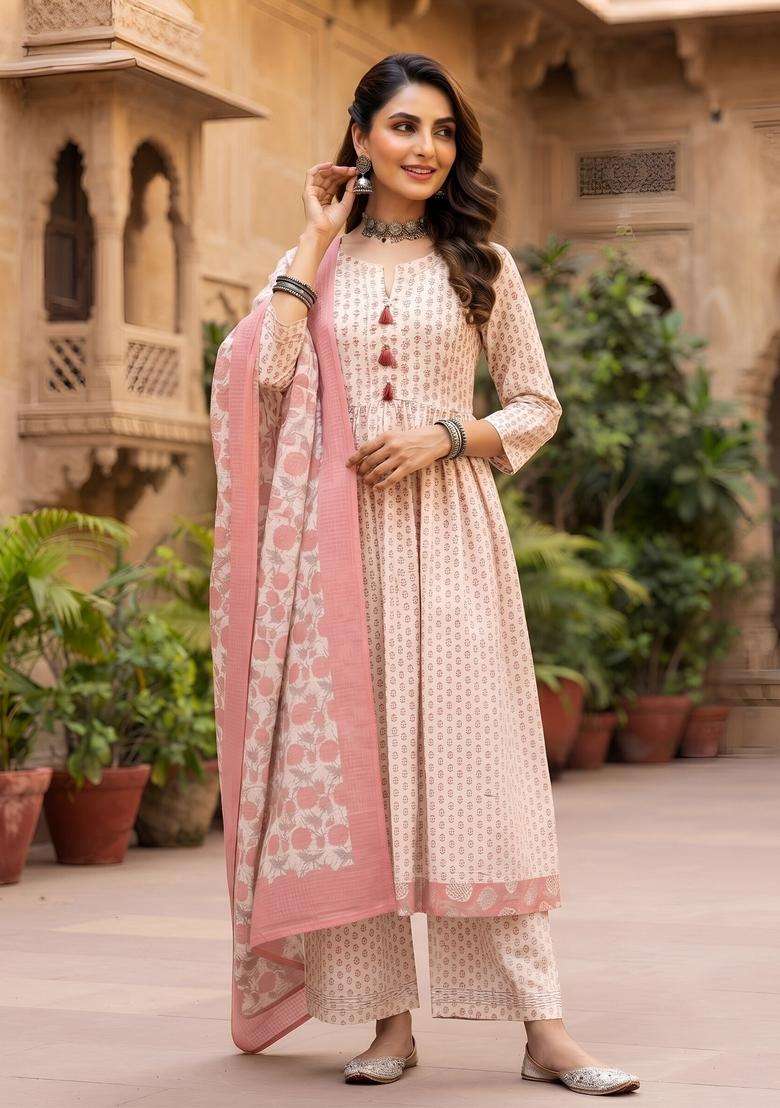 Off White Printed Silk Kurta Set - Indya
