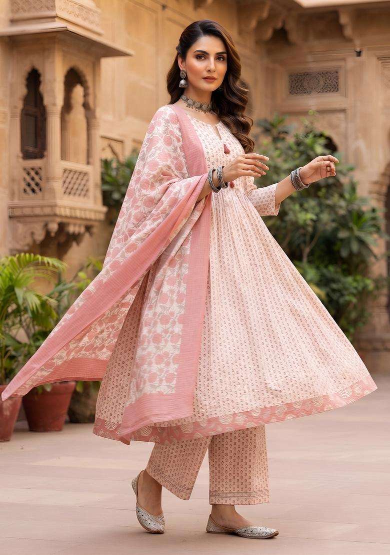 Off White Printed Silk Kurta Set - Indya