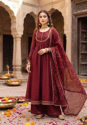 Maroon Embroidery Cotton Kurta Set