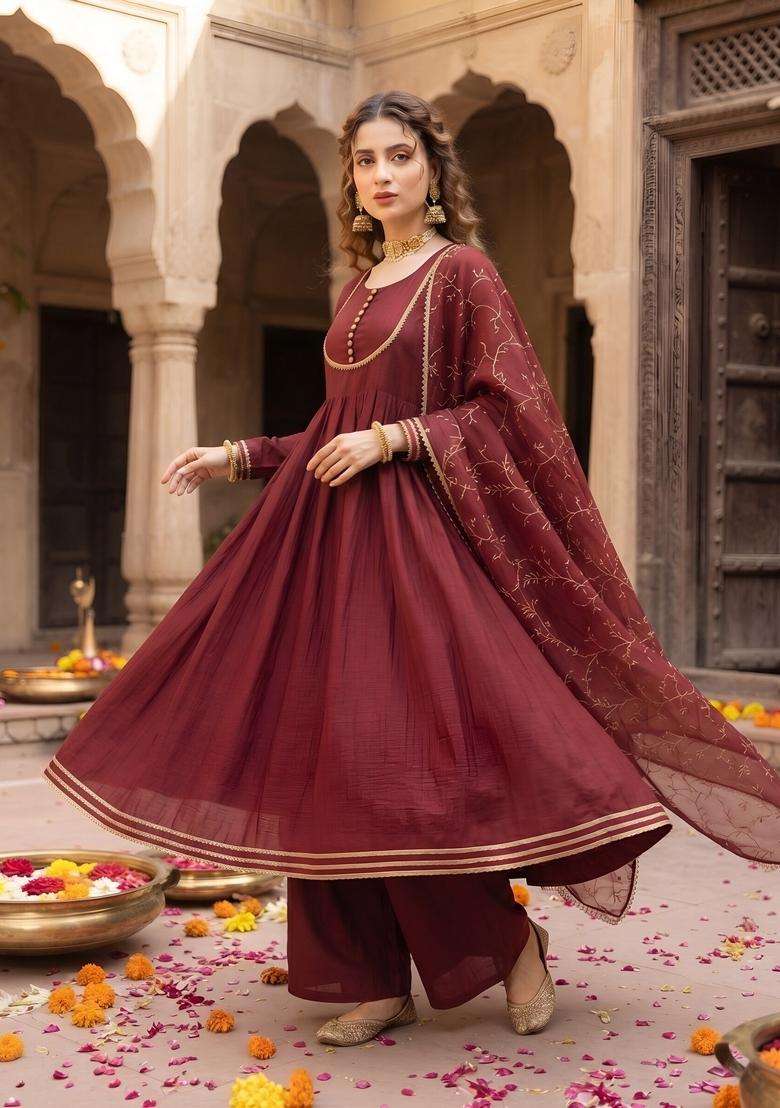 Maroon Embroidery Cotton Kurta Set - Indya