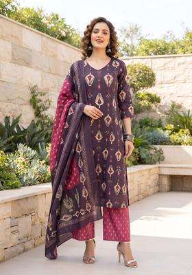 Burgundy Printed Cotton Kurta Set