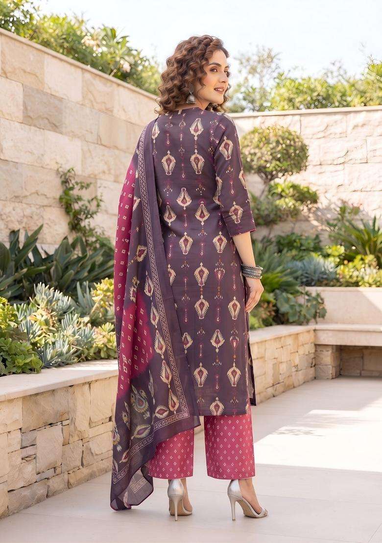 Burgundy Printed Cotton Kurta Set - Indya