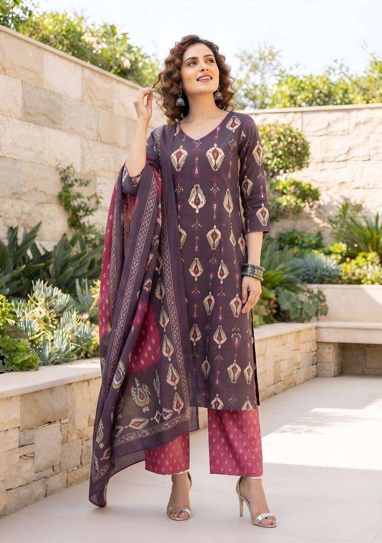 Burgundy Printed Cotton Kurta Set - Indya