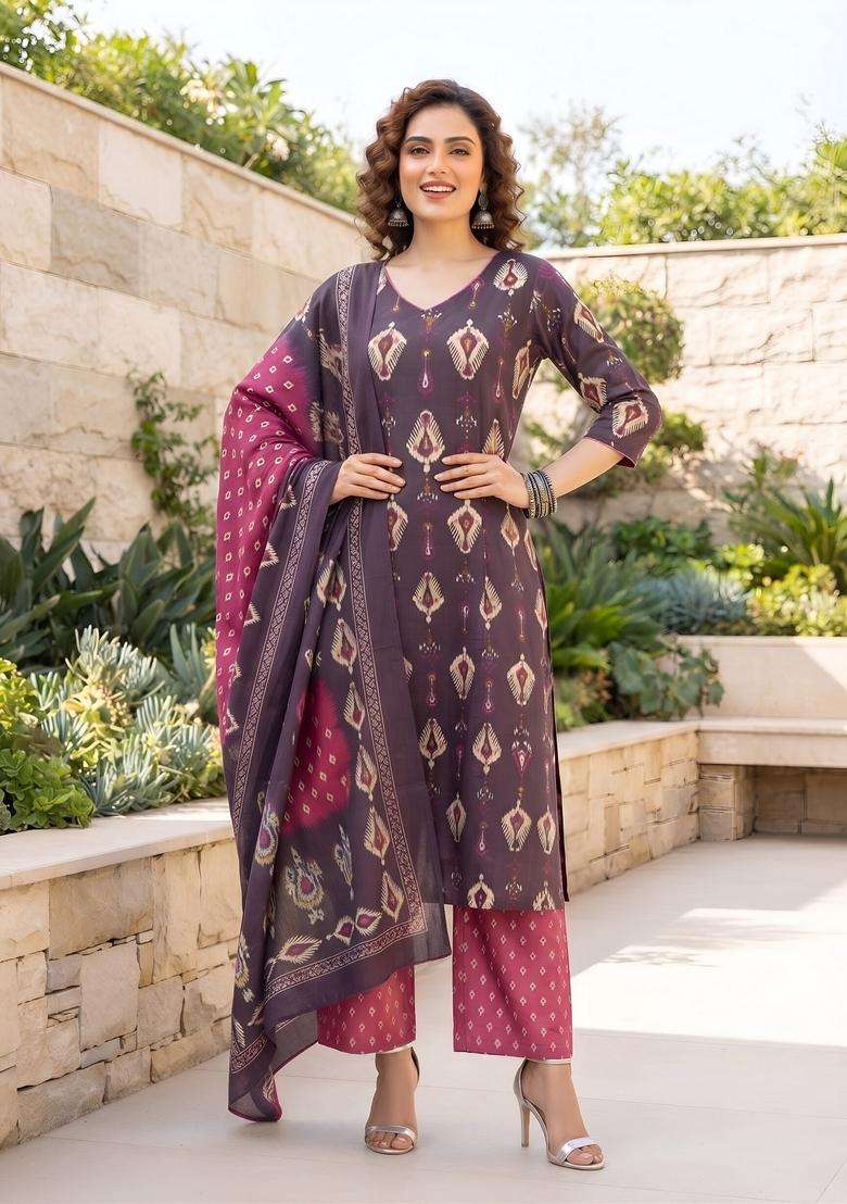 Burgundy Printed Cotton Kurta Set - Indya