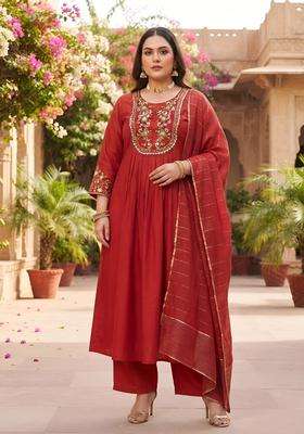 Red Embroidery Cotton Kurta Set