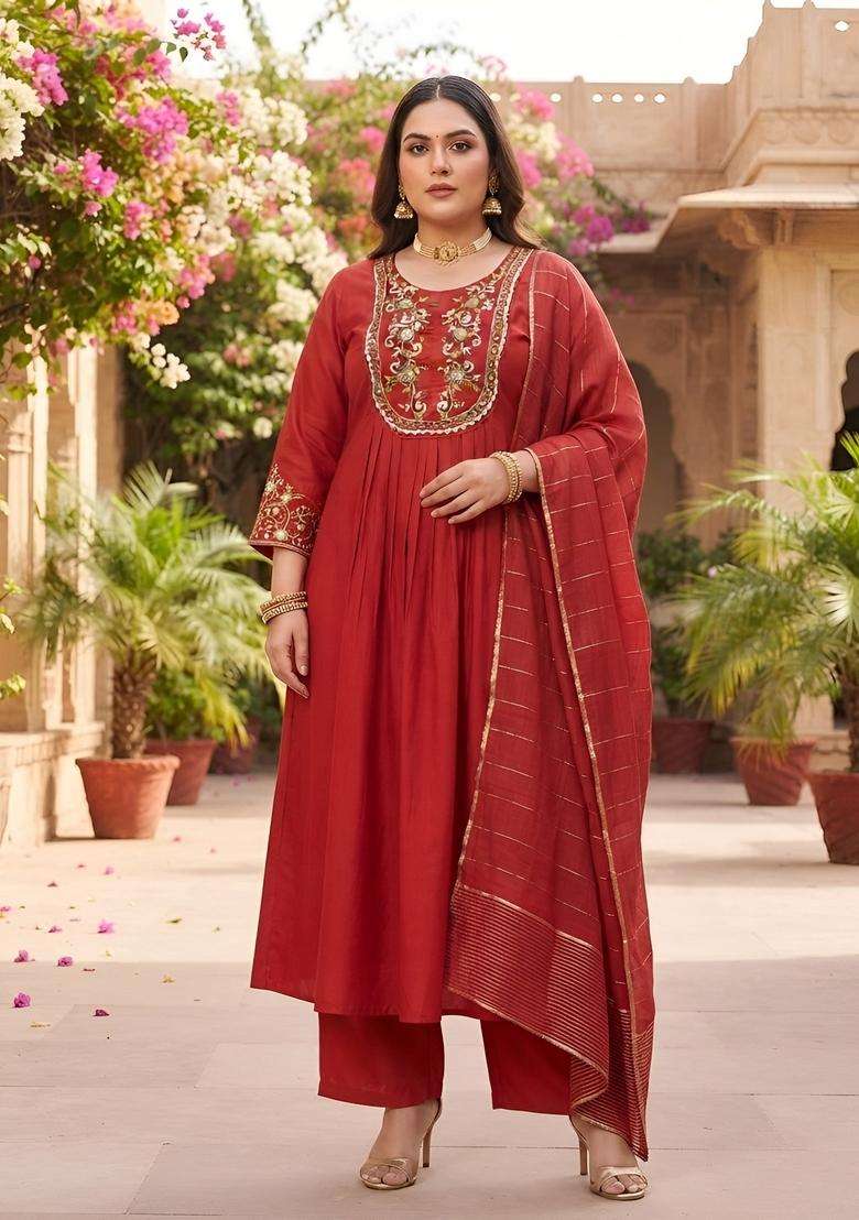 Red Embroidery Cotton Kurta Set - Indya