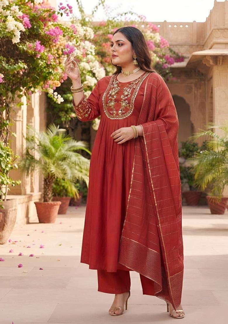 Red Embroidery Cotton Kurta Set - Indya