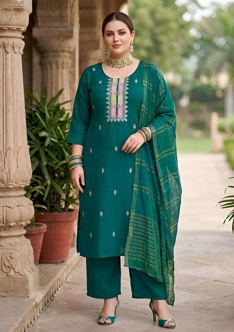 Green Embroidery Cotton Kurta Set - Indya