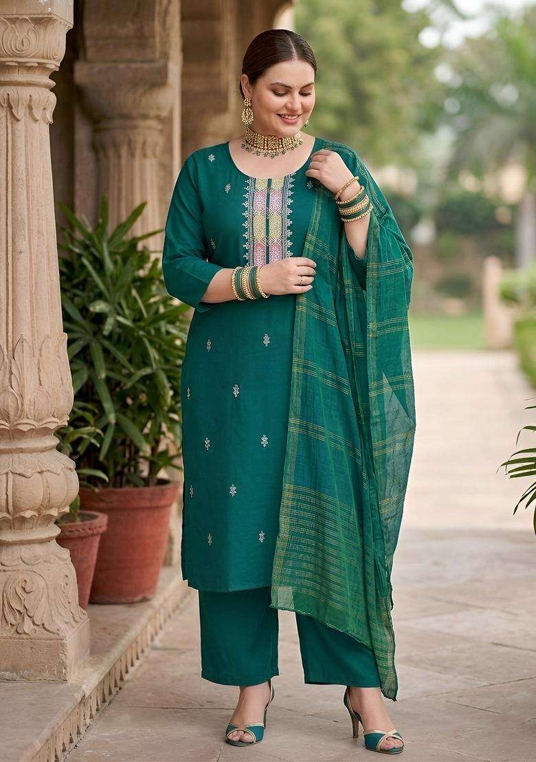 Green Embroidery Cotton Kurta Set - Indya