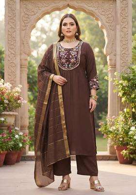 Brown Embroidery Cotton Kurta Set