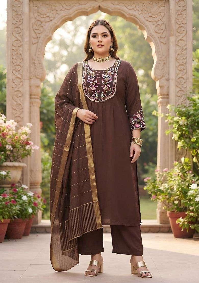 Brown Embroidery Cotton Kurta Set - Indya