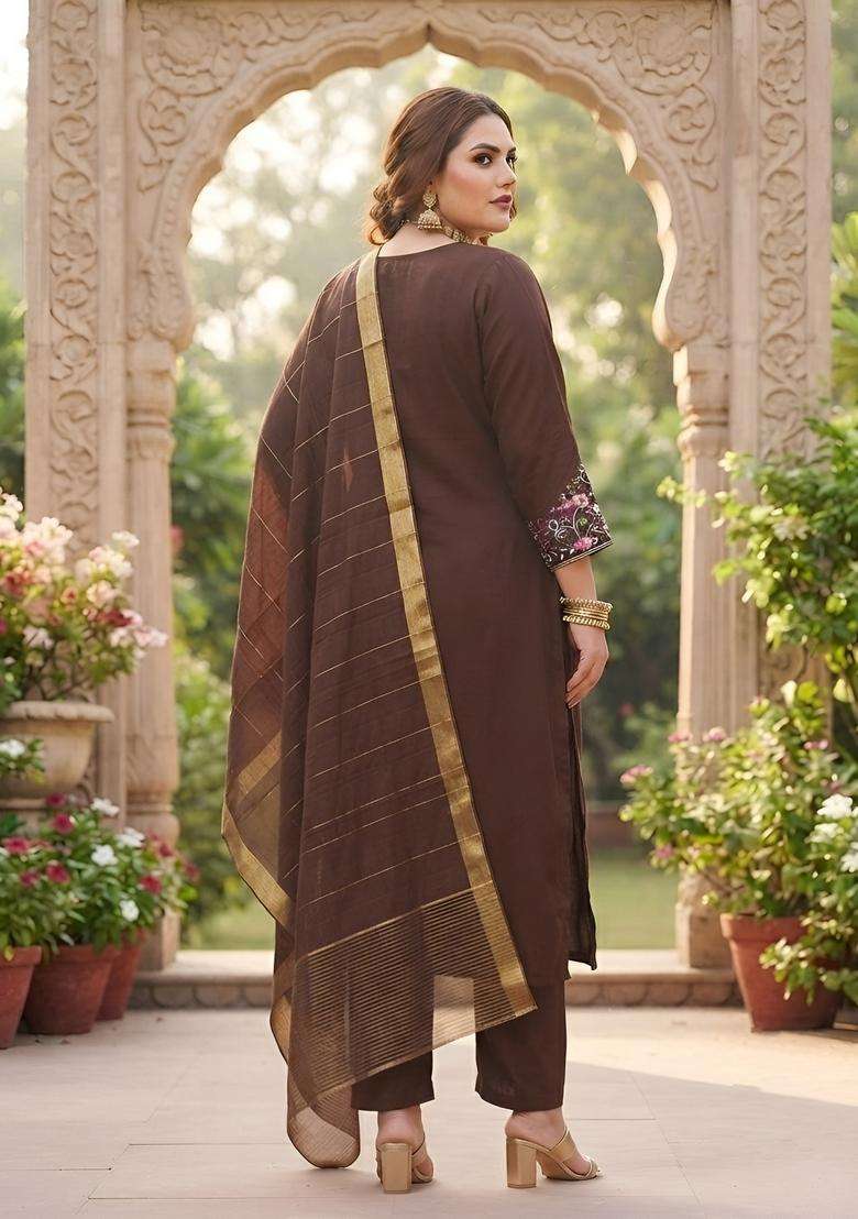 Brown Embroidery Cotton Kurta Set - Indya