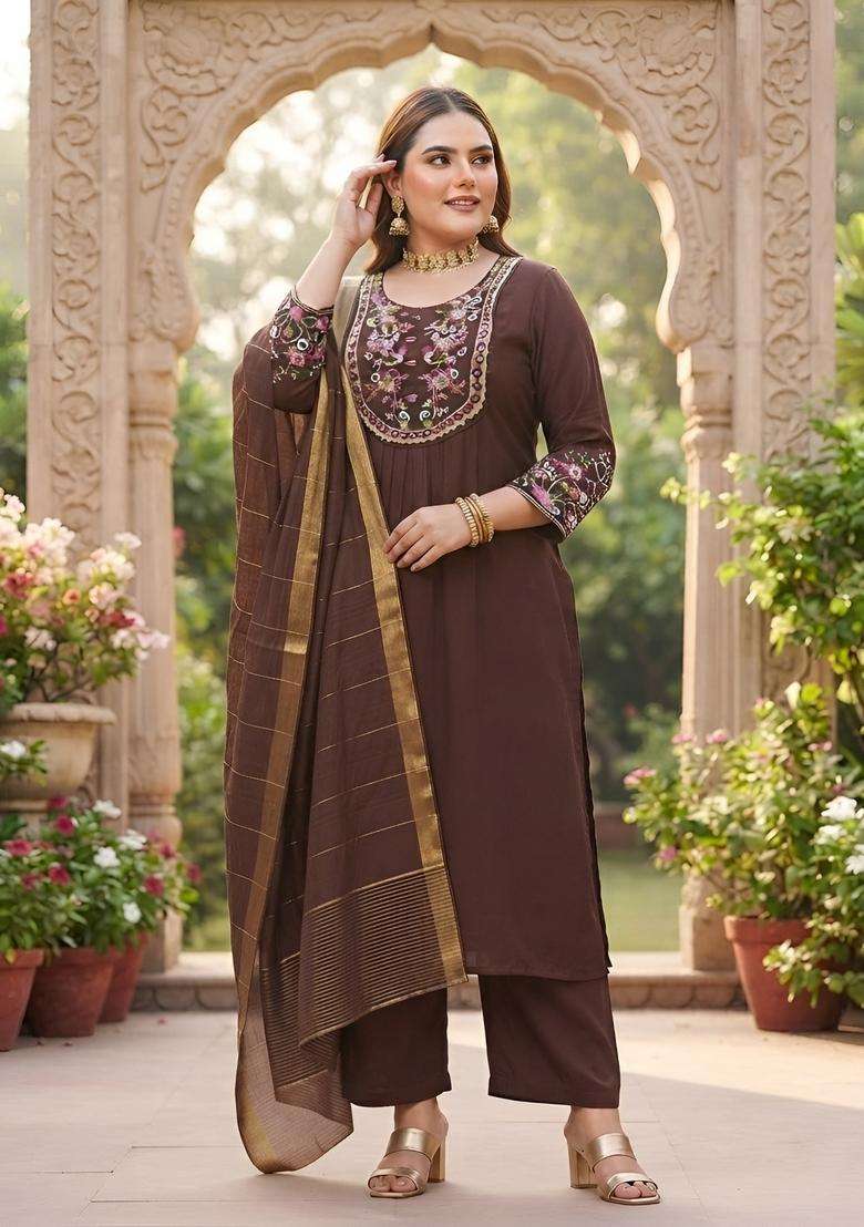Brown Embroidery Cotton Kurta Set - Indya