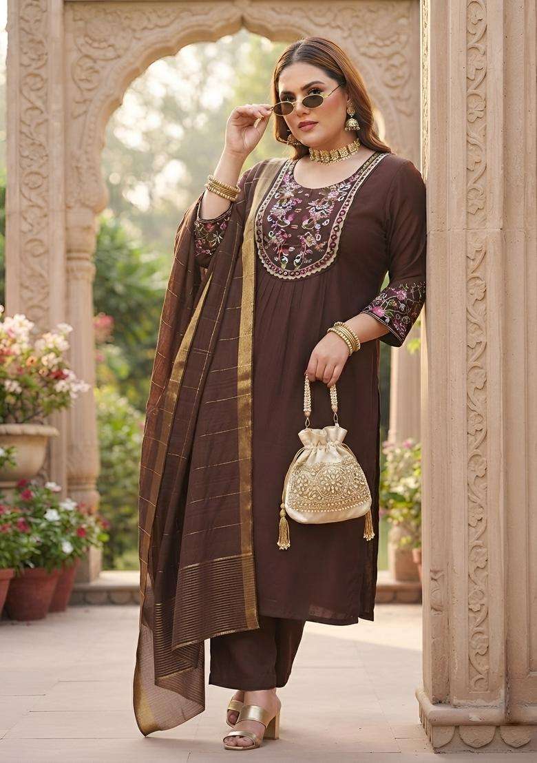 Brown Embroidery Cotton Kurta Set - Indya