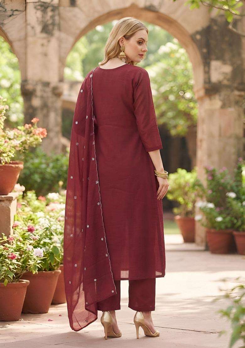 Maroon Embroidery Cotton Kurta Set - Indya