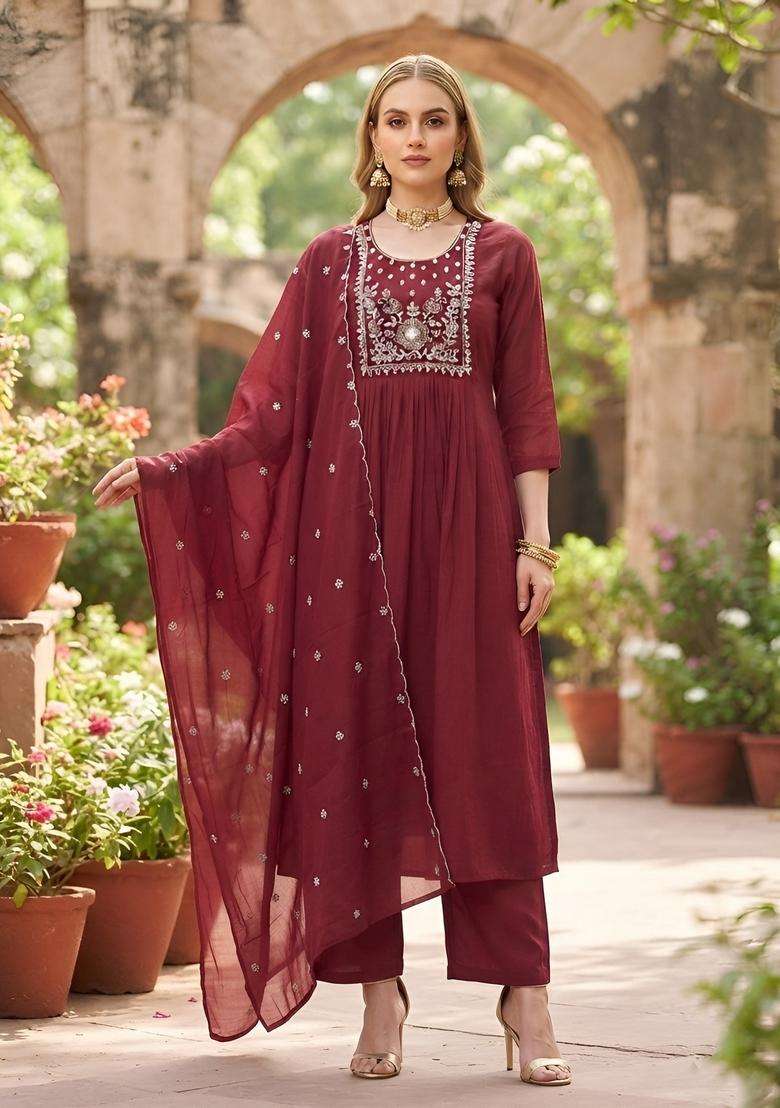 Maroon Embroidery Cotton Kurta Set - Indya