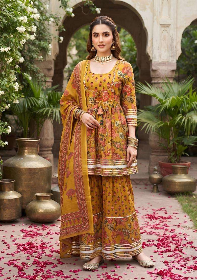 Mustard Printed Cotton Kurta Set - Indya