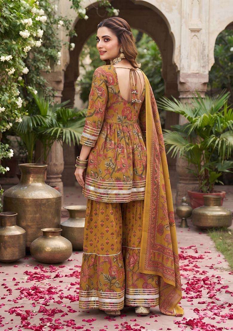 Mustard Printed Cotton Kurta Set - Indya