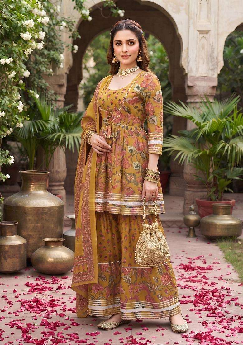 Mustard Printed Cotton Kurta Set - Indya