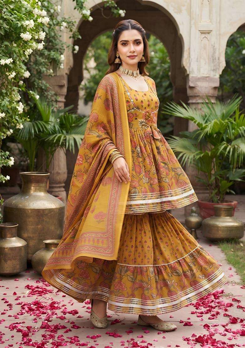 Mustard Printed Cotton Kurta Set - Indya
