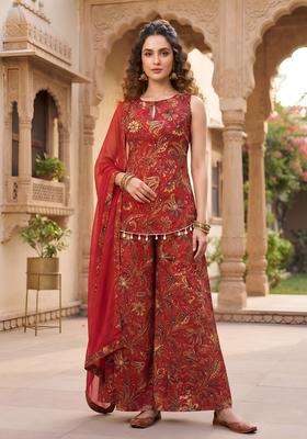 Red Printed Cotton Kurta Set