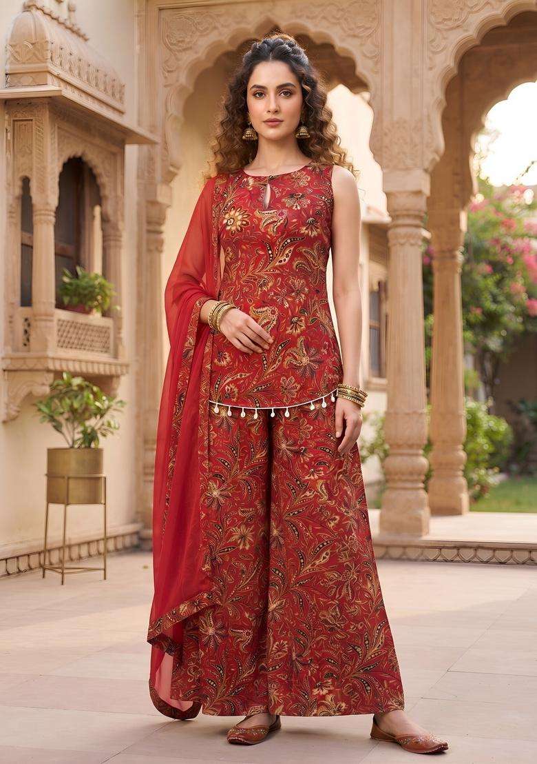 Red Printed Cotton Kurta Set - Indya