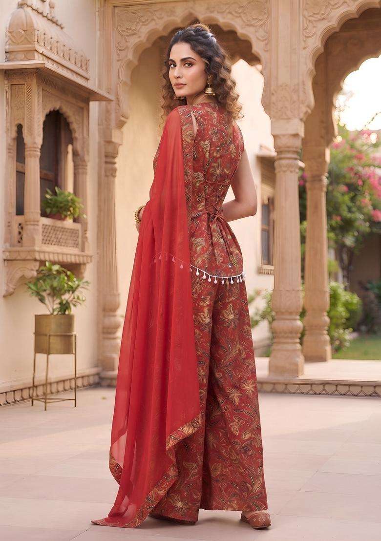 Red Printed Cotton Kurta Set - Indya