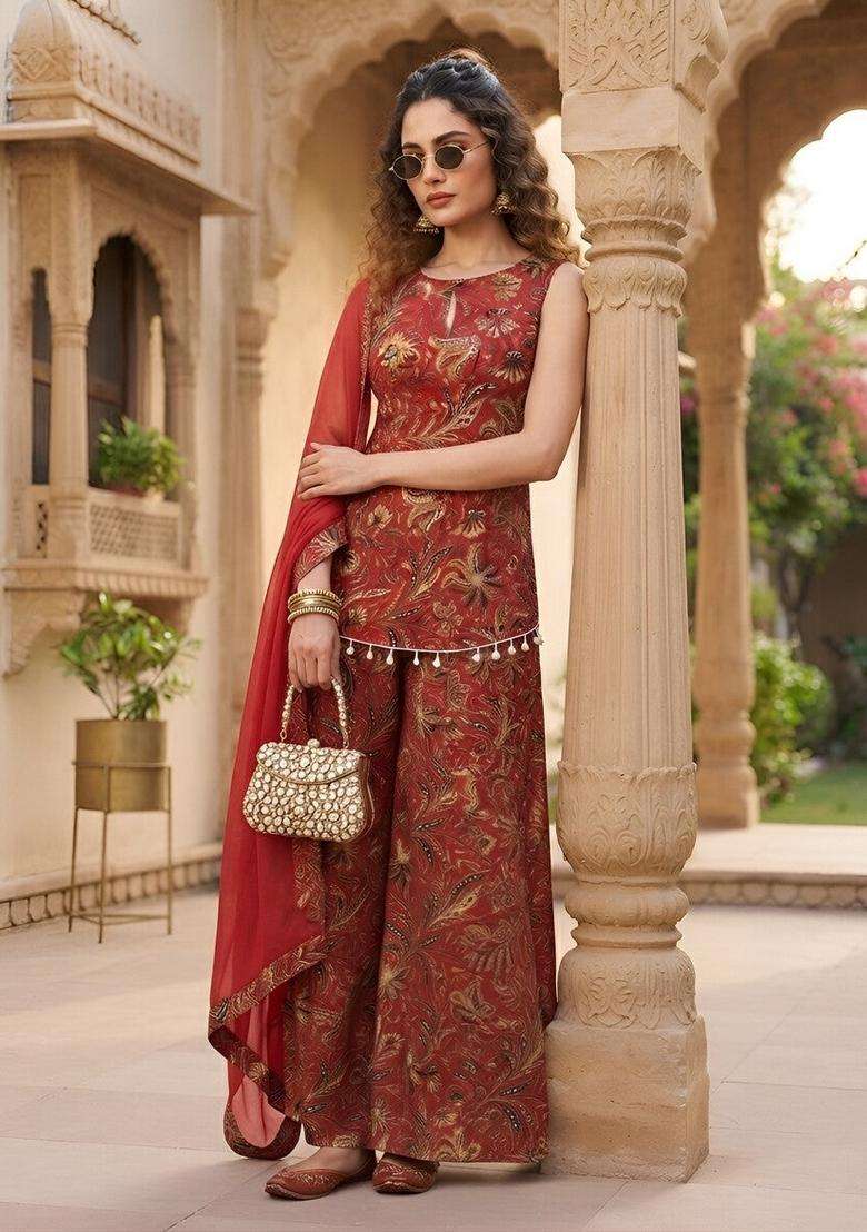 Red Printed Cotton Kurta Set - Indya