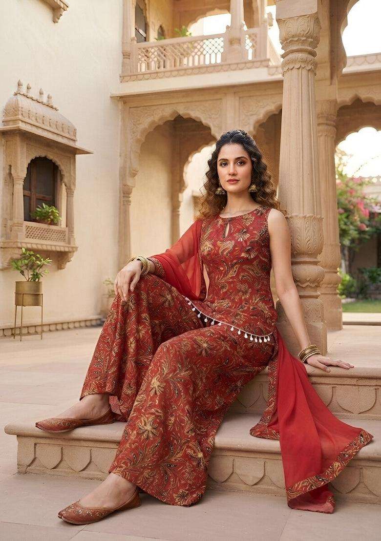 Red Printed Cotton Kurta Set - Indya