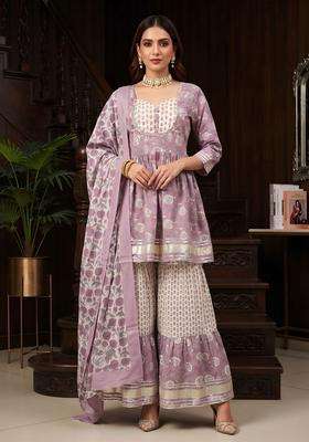 Lavender Printed Cotton Kurta Set