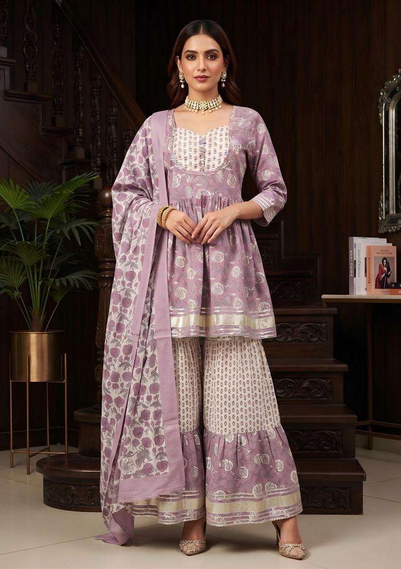 Lavender Printed Cotton Kurta Set - Indya