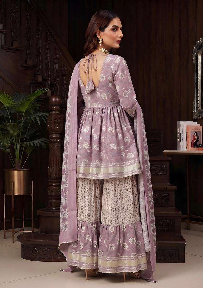 Lavender Printed Cotton Kurta Set - Indya