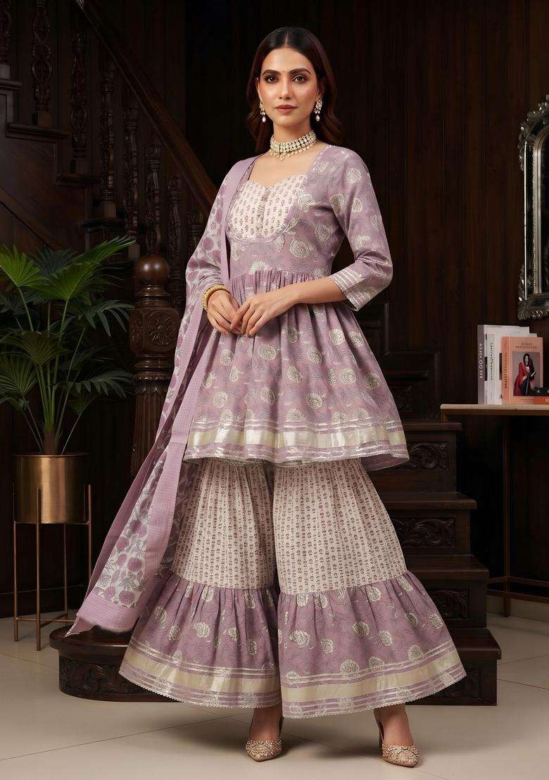 Lavender Printed Cotton Kurta Set - Indya