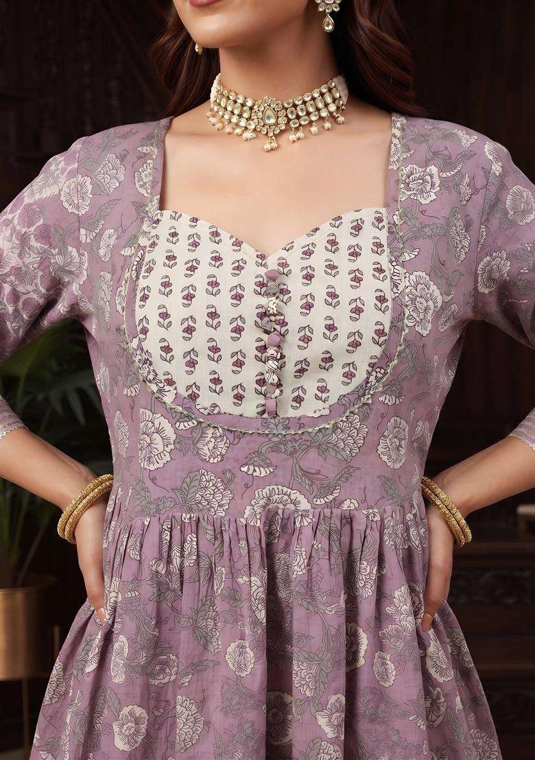 Lavender Printed Cotton Kurta Set - Indya