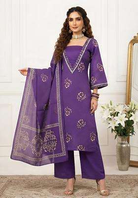 Purple Printed Cotton Kurta Set